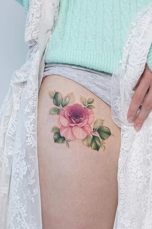 Red Rose Thigh Tattoo Idea