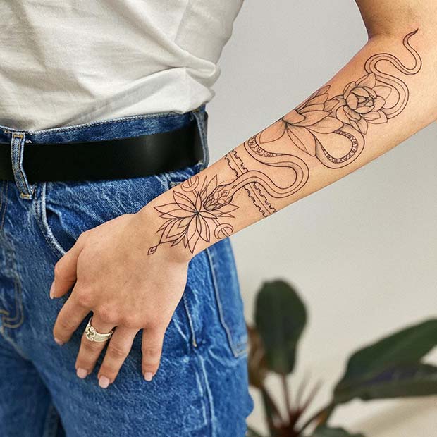 Snake Arm Tattoo with Flowers
