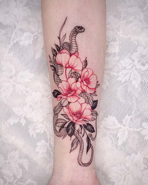 Snake with Flowers Tattoo Design