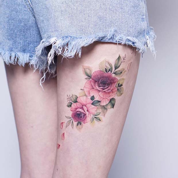 Back of Thigh Rose Tattoo 