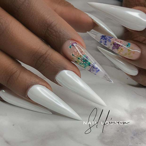 White Chrome Nails with Floral Art