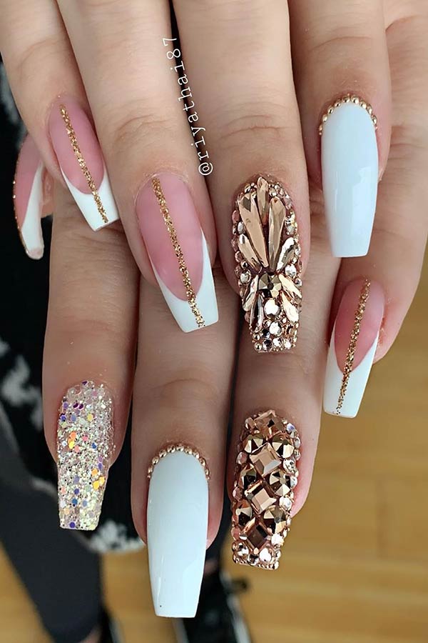 White and Gold Coffin Nails