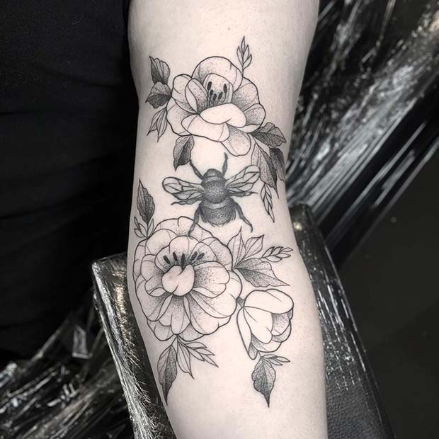 Bee Tattoo Design with Flowers