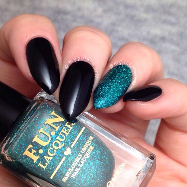 Black Nails with a Blue Glitter Accent Nail