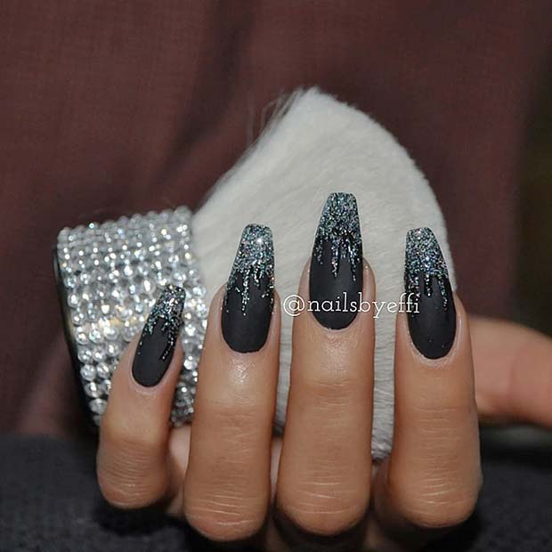 Black Nails with Glitter Drips