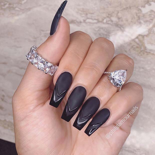 Matte Black Nails with Trendy Tips