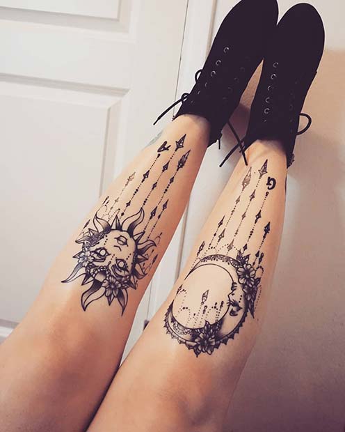 Bold and Beautiful Sun and Moon Leg Tattoos