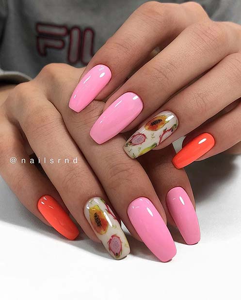 Bright Nails with Fruit Art