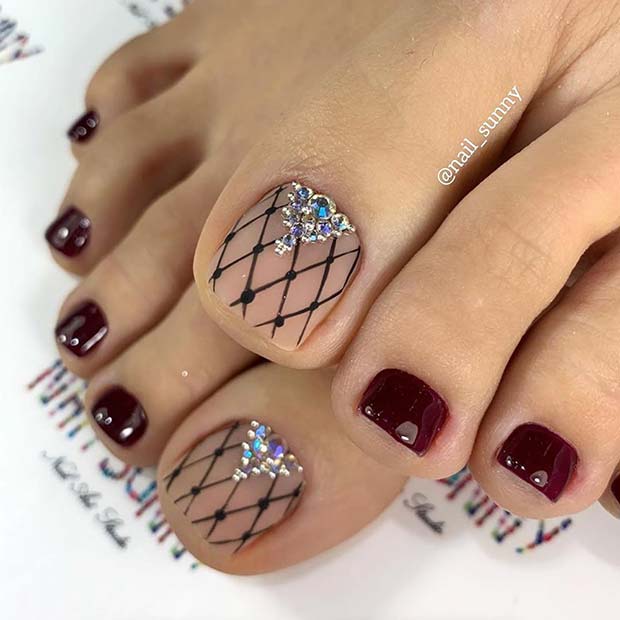 Burgundy Toe Nails with Lace Nail Art