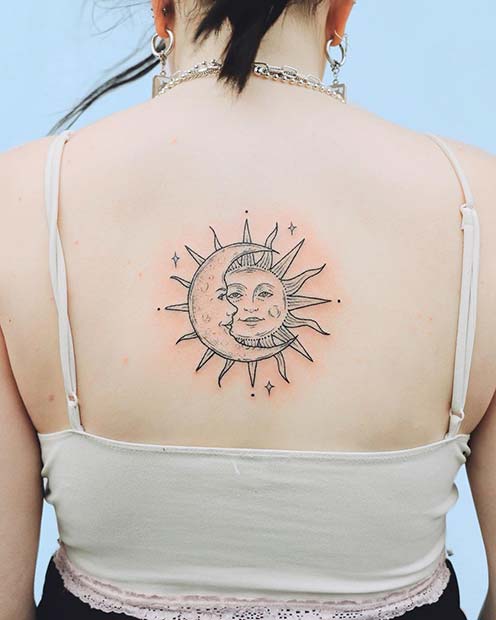Cute Sun and Moon Back Tattoo