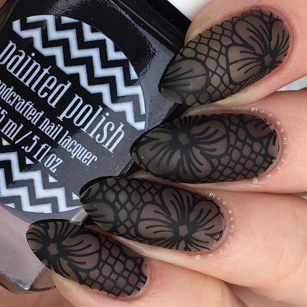 Black Floral Nail Idea