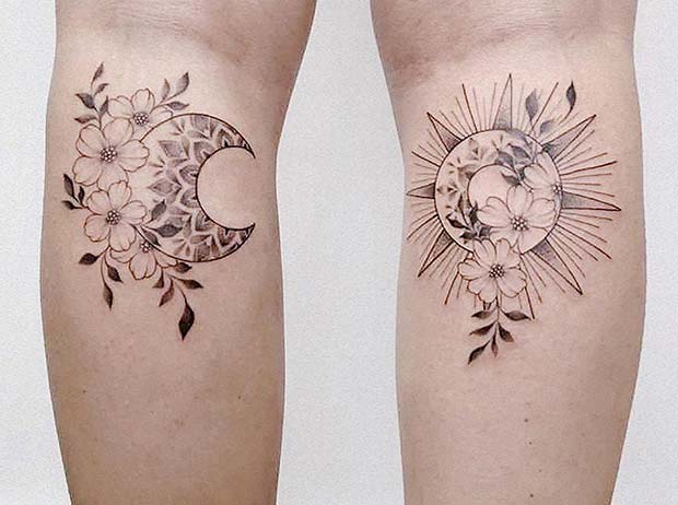 Floral Sun and Moon Tattoo Designs