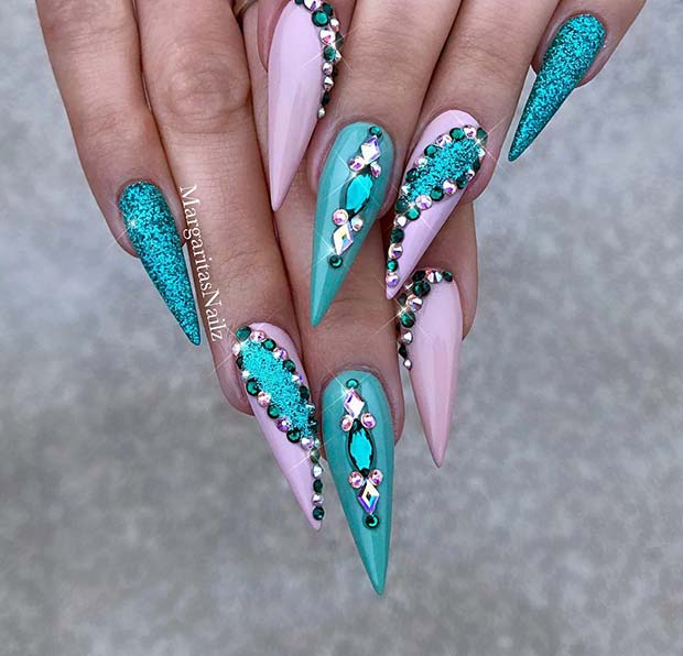 Glitzy Pink and Teal Nails