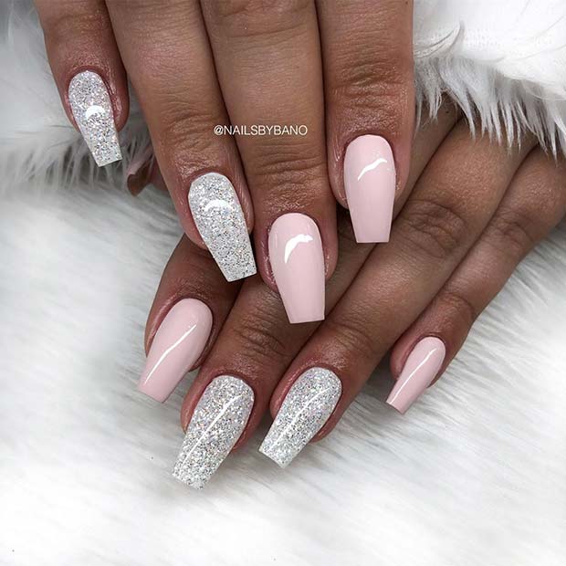 Nude and Silver Glitter Nails