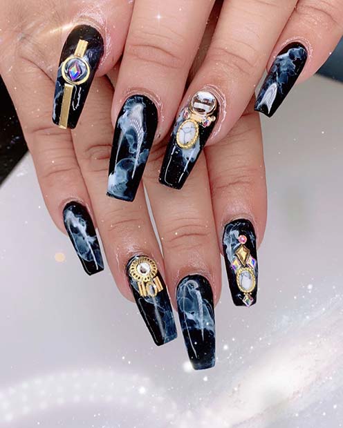 Black Marble Nails with Rhinestones