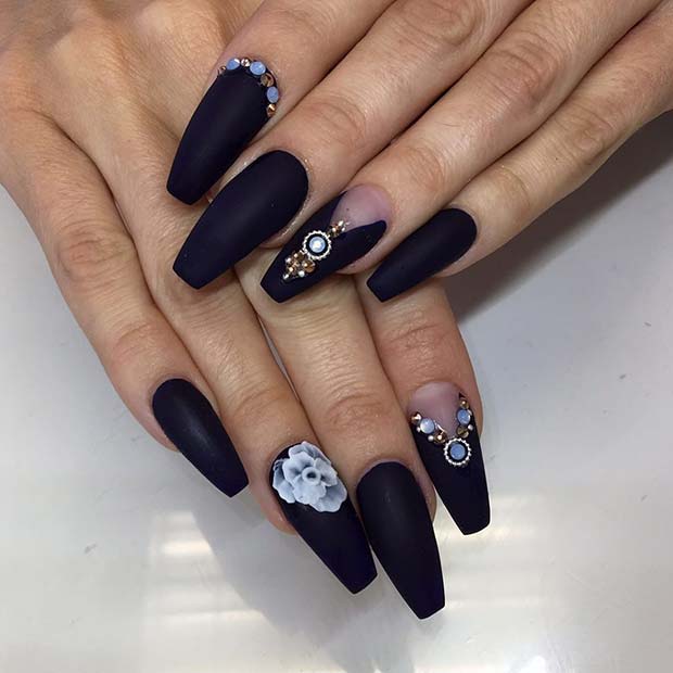 Matte Black Nails with Flowers and Rhinestones