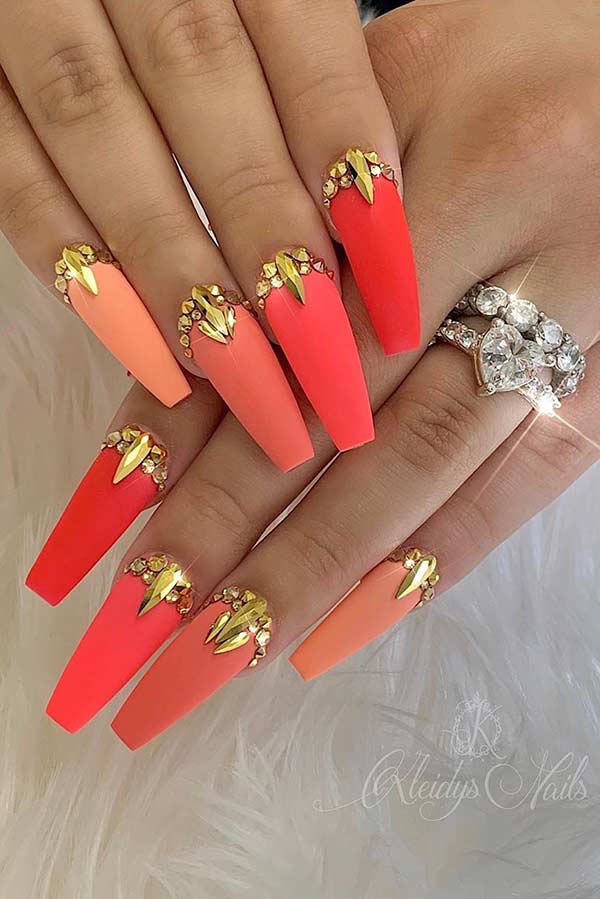 Matte Neon Nails with Gold Rhinestones
