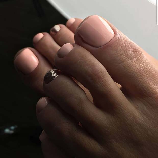 Simple Nude Toe Nails with Gold Glitter