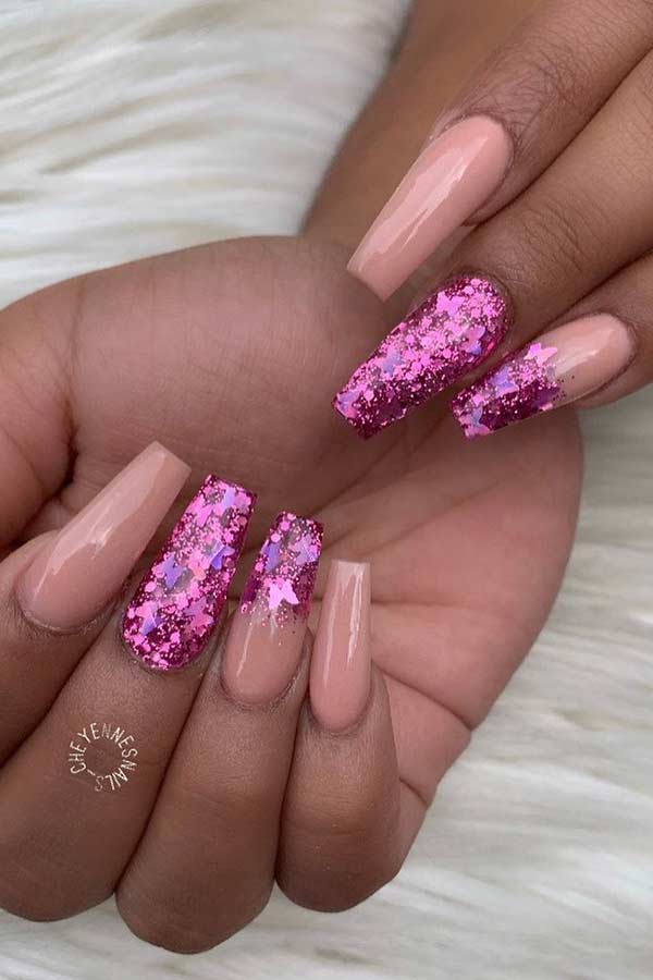 Nude and Pink Glitter Coffin Nails