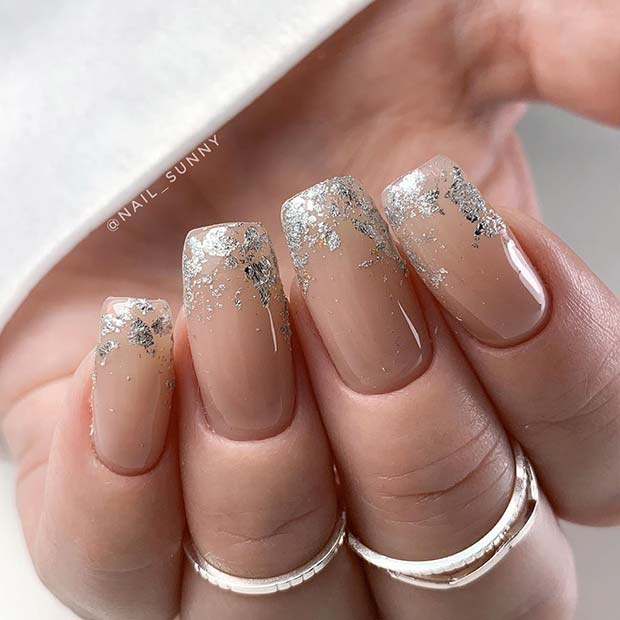 Nude and Silver Foil Nails