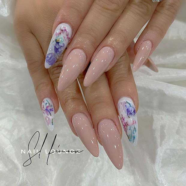 Nude Nails with Watercolor Flower Art 