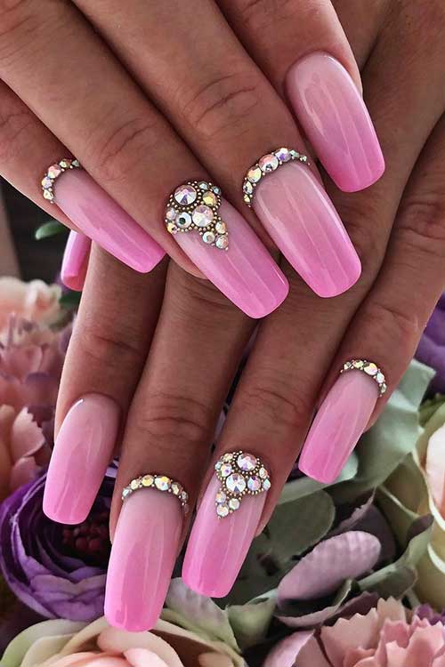 Ombre Light Pink Nails with Rhinestones