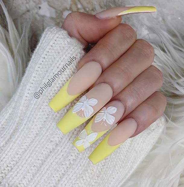 Pastel Yellow Nails with White Butterflies
