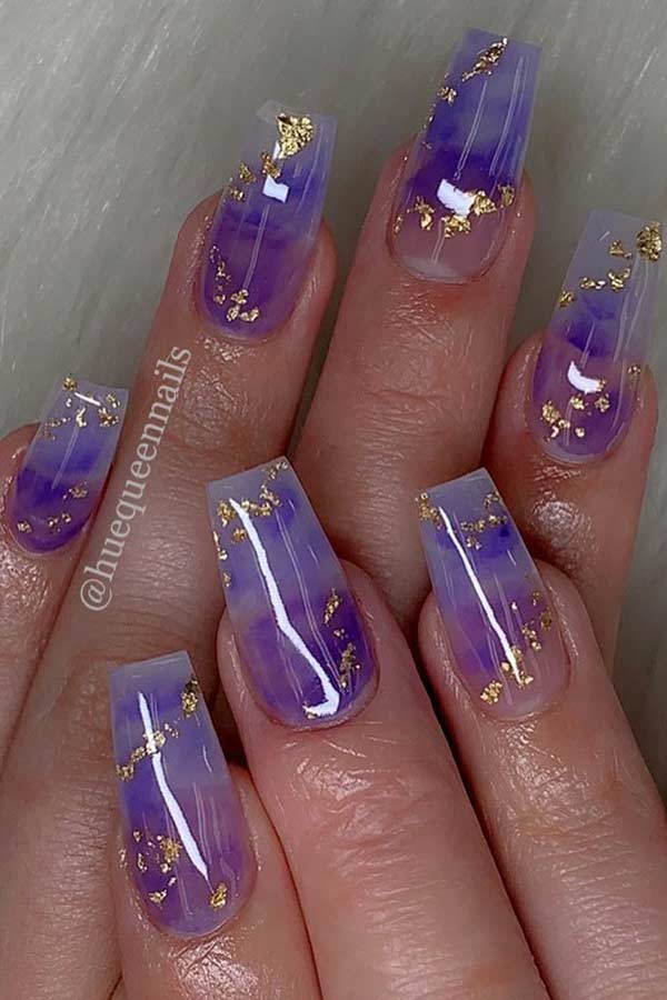 Purple Marble and Gold Foil Nails