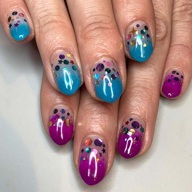 Purple and Teal Short Nails with Sequins