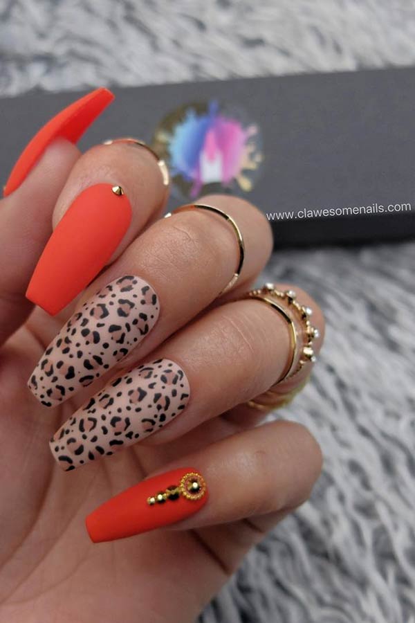 Red and Leopard Coffin Nails
