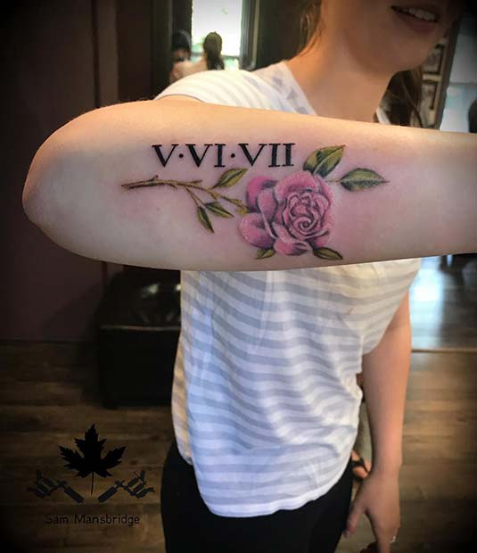 Roman Numerals Tattoo with a Rose