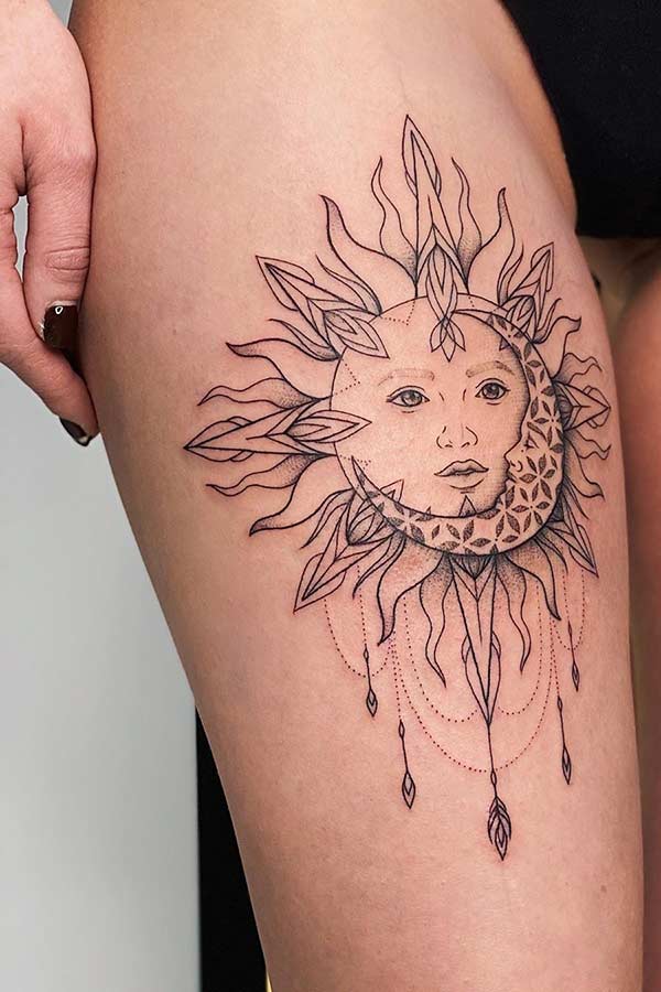 Thigh Sun and Moon Tattoo