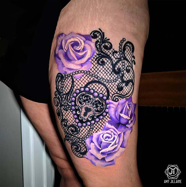 Thigh Tattoo with Lace and Roses