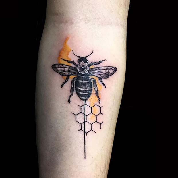 Trendy Bee with a Flower and Honeycomb