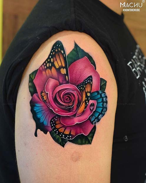 Unique Rose Tattoo Design with Butterfly Wings