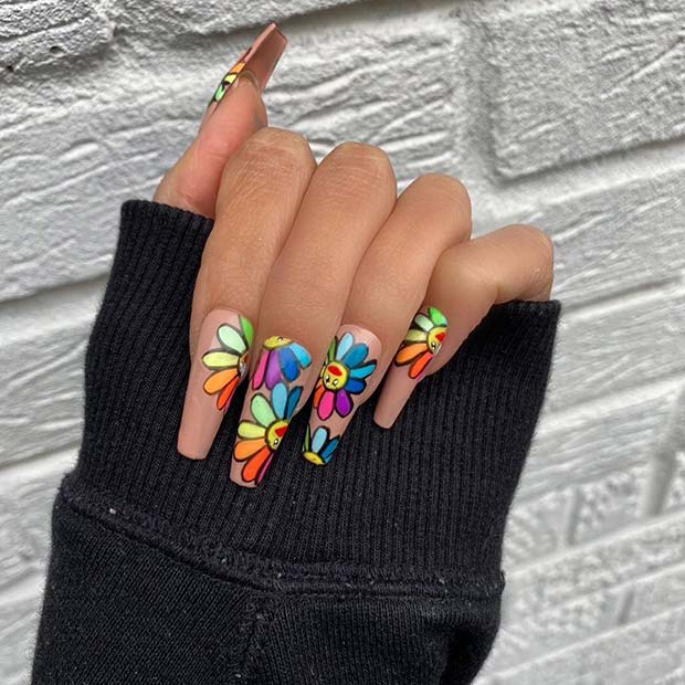 Nude Nails with Vibrant Flowers