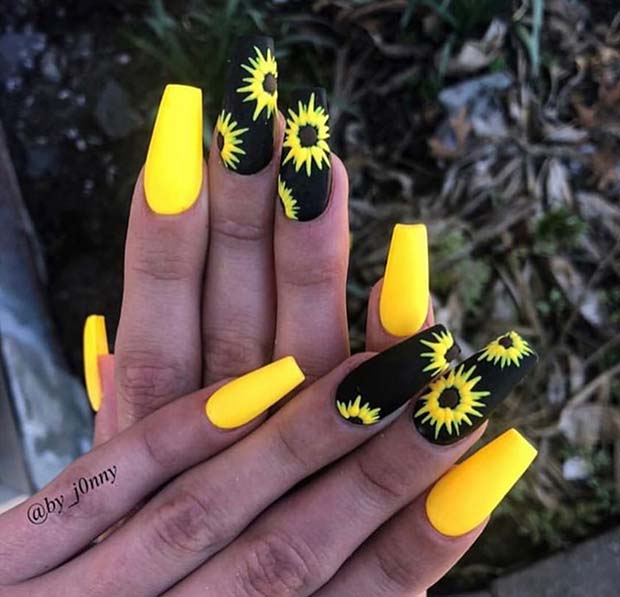 Black and Yellow Sunflower Nails