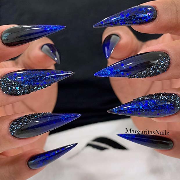 Bold Blue and Black Stiletto Nails