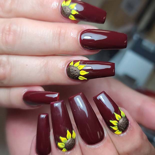 Burgundy Sunflower Nails