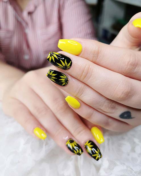 Black and Yellow Sunflower Nails