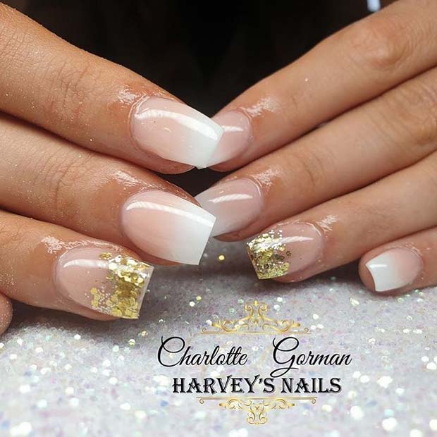 French Ombre and Gold Glitter Acrylic Nails