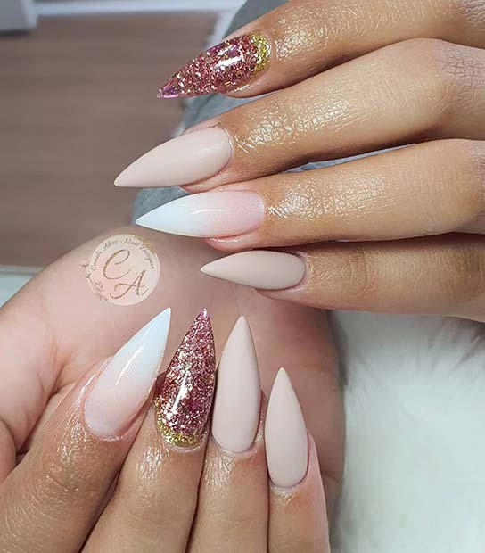 French Ombre Stiletto Nails with Glitter