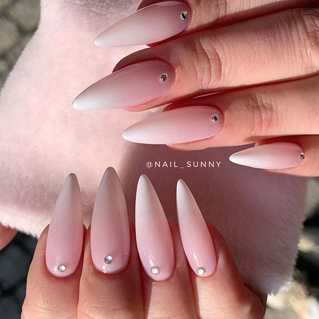 French Ombre Nails with Rhinestones