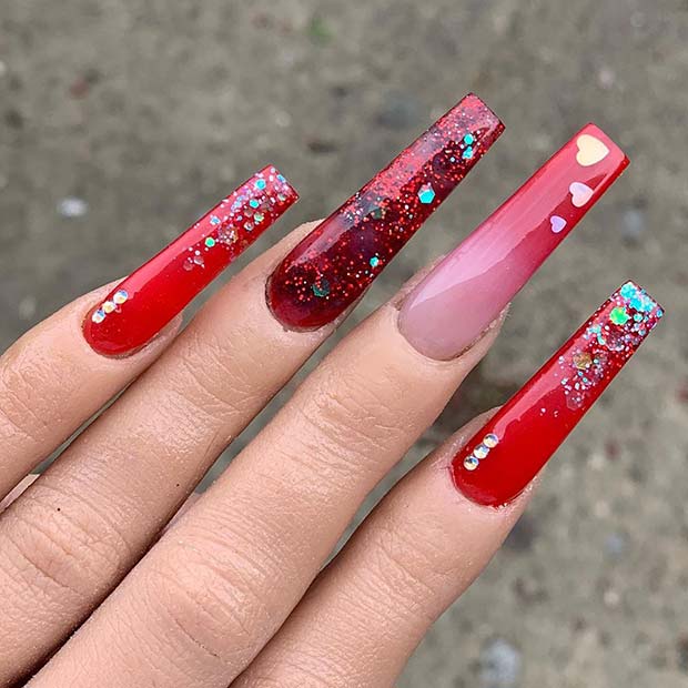 Glitzy and Glam Red Ombre Nails