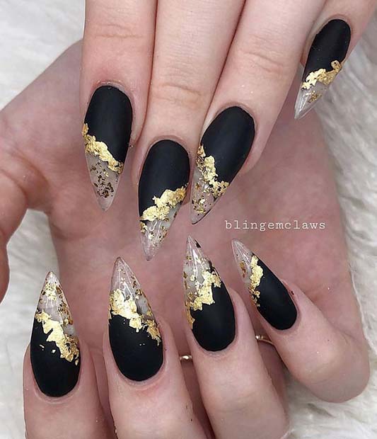 Black and Clear Nails with Gold Foil 