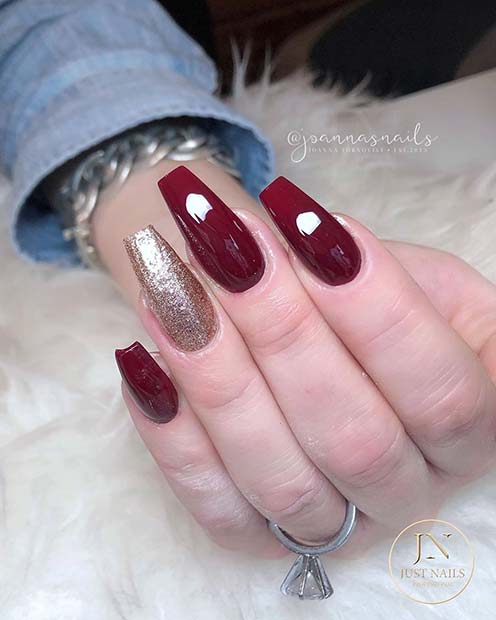 Maroon and Gold Glitter Nails