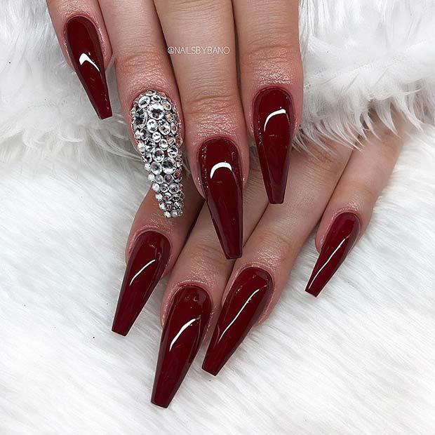 Maroon Coffin Nails with Rhinestones