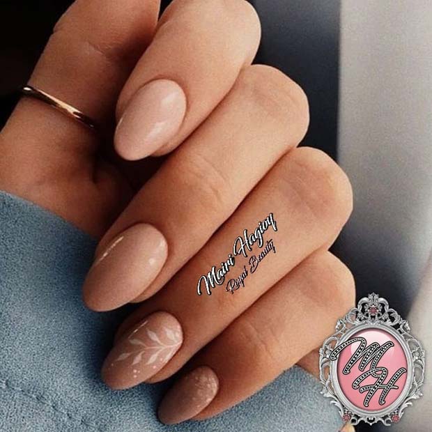 Nude Nails with White Leafy Nail Art