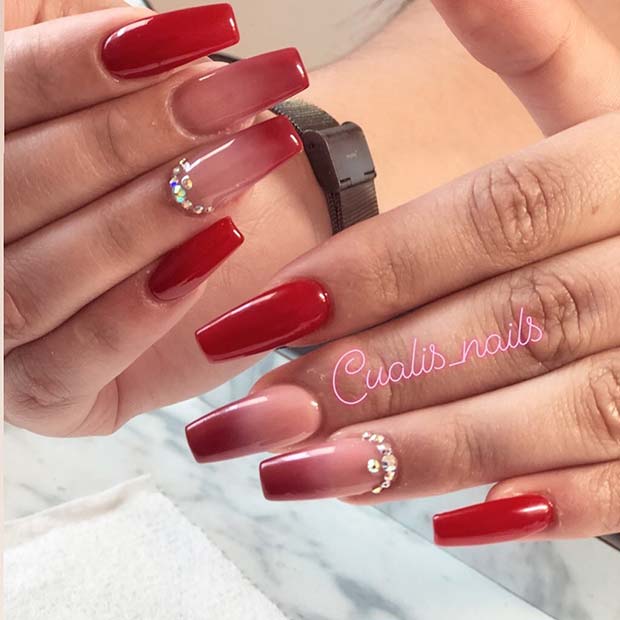 Nude and Red Ombre Nails with Rhinestones