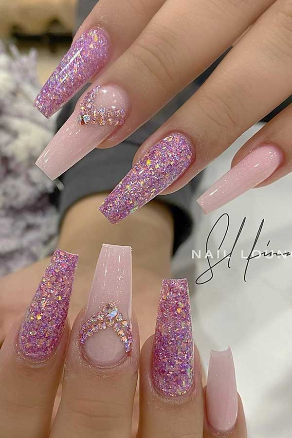 Pink Glitter Coffin Nails